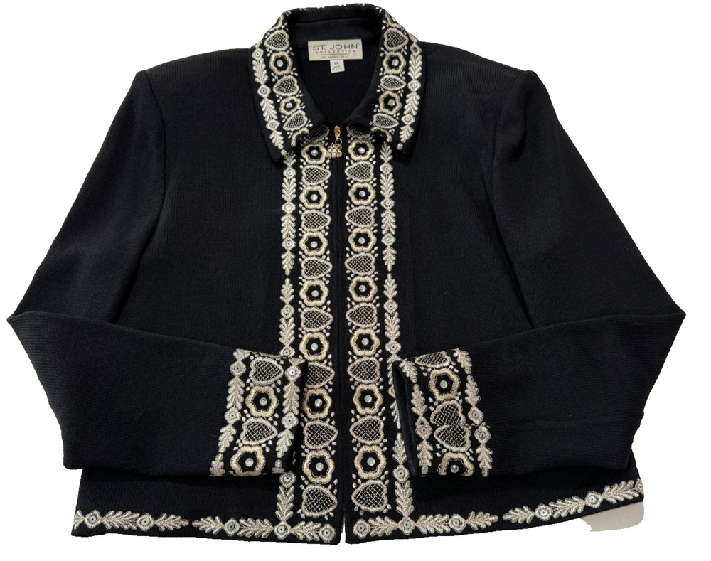 St John Marie Gary Black Rhinestone Knit Zip Jacket Sz 14 Embroidered Floral